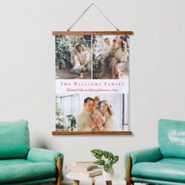 ミニマリスト赤いスクリプト3枚の写真コラージュ家族 吊り下げ型タペストリー