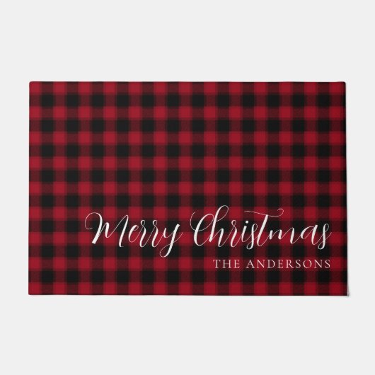 ミニマリスト赤い格子模様メリークリスマス ドアマット (正面)