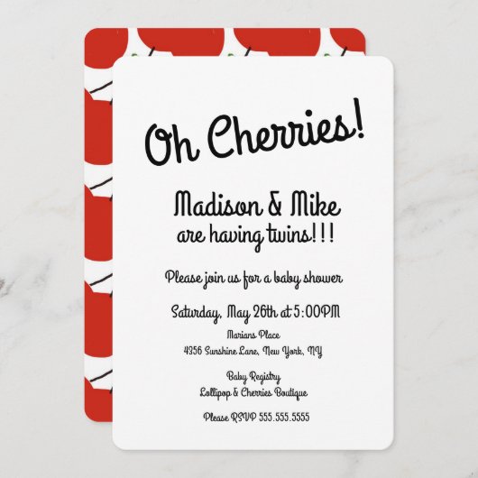 ミニマリスト赤さくらんぼツインズベビーシャワー 招待状 (正面/裏面)