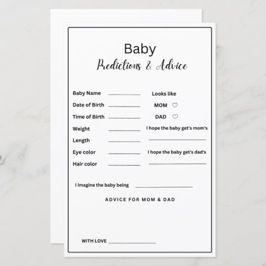 ミニマリスト赤ちゃんシャワーベビー予測とアドバイス (正面/裏面)