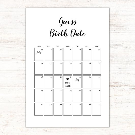 ミニマリスト赤ちゃんシャワー推定期日カレンダー カード
