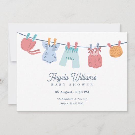 ミニマリスト赤ちゃんシャワー物干し 招待状 (正面)