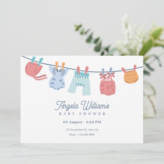 ミニマリスト赤ちゃんシャワー物干し 招待状 (スタンド正面)