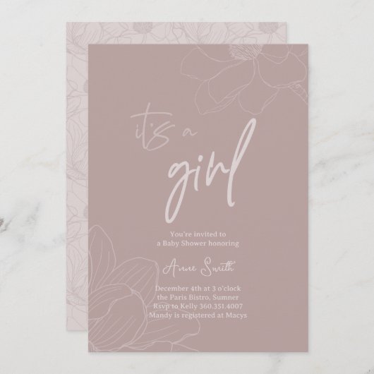 ミニマリスト赤ちゃんシャワー、ほこりっぽいバラベビーガール 招待状 (正面/裏面)