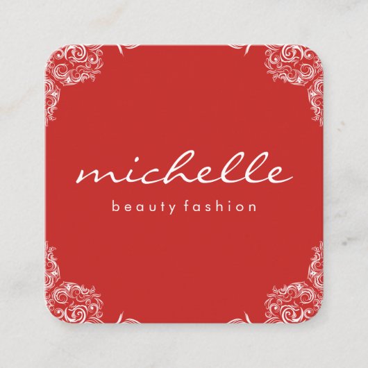 ミニマリスト赤とカッシブ文字ファンシーコーナー スクエア名刺 (正面)