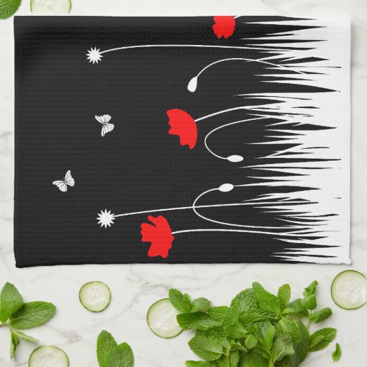 ミニマリスト赤と白のケシの牧草地はっきりした キッチンタオル (折り畳み)