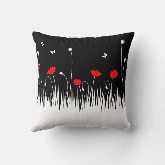 ミニマリスト赤と白のケシの牧草地はっきりした クッション (裏面)