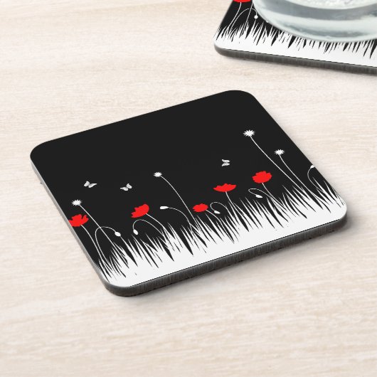 ミニマリスト赤と白のケシの牧草地はっきりした コースター (左側)