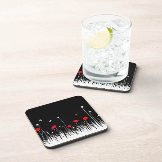 ミニマリスト赤と白のケシの牧草地はっきりした コースター (右側)