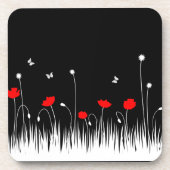 ミニマリスト赤と白のケシの牧草地はっきりした コースター (正面)