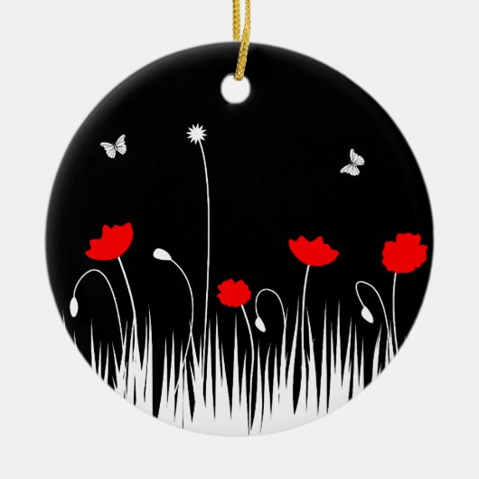 ミニマリスト赤と白のケシの牧草地はっきりした セラミックオーナメント (正面)