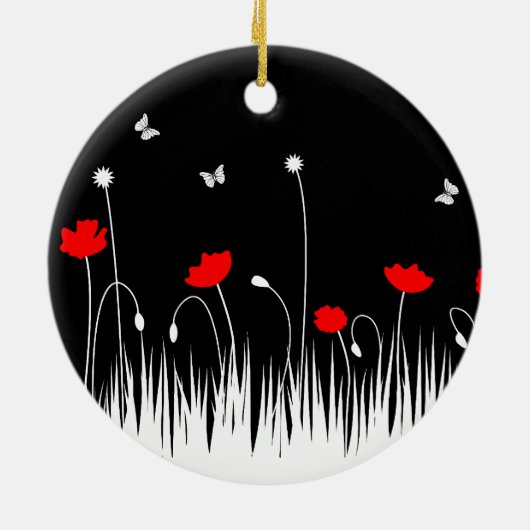 ミニマリスト赤と白のケシの牧草地はっきりした セラミックオーナメント (裏面)