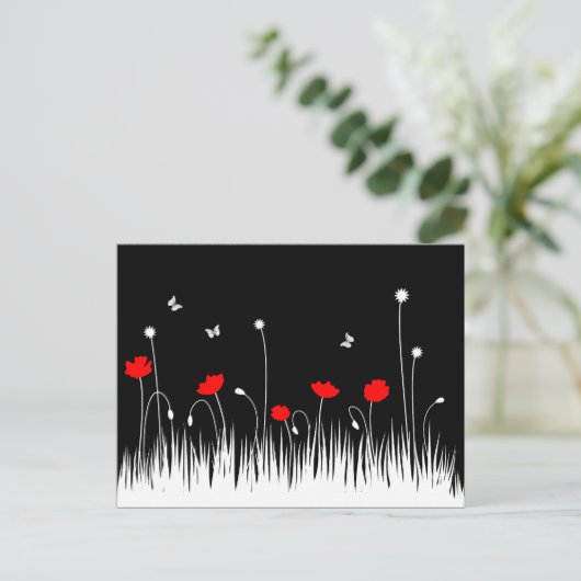 ミニマリスト赤と白のケシの牧草地はっきりした ポストカード (スタンド正面)
