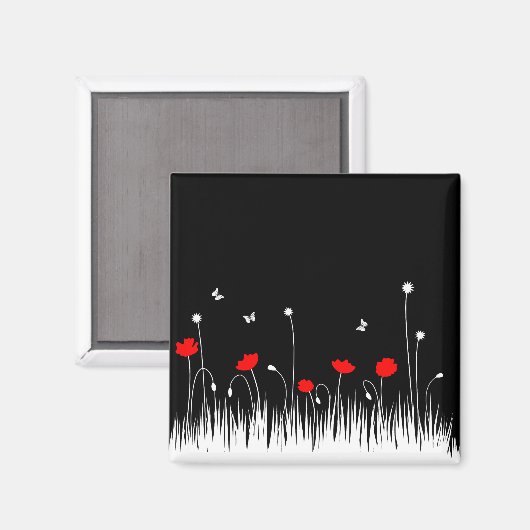 ミニマリスト赤と白のケシの牧草地はっきりした マグネット (正面/裏面)