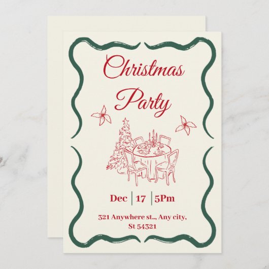 ミニマリスト赤と緑のクリスマスパーティー 招待状 (正面/裏面)