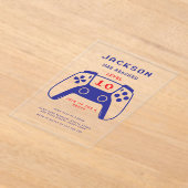 ミニマリスト赤と青ゲーマーボーイズ誕生日パーティー アクリル招待状 (レイダウン)