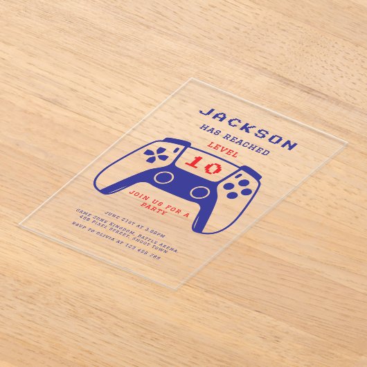 ミニマリスト赤と青ゲーマーボーイズ誕生日パーティー アクリル招待状 (レイダウン)