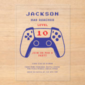 ミニマリスト赤と青ゲーマーボーイズ誕生日パーティー アクリル招待状 (正面)