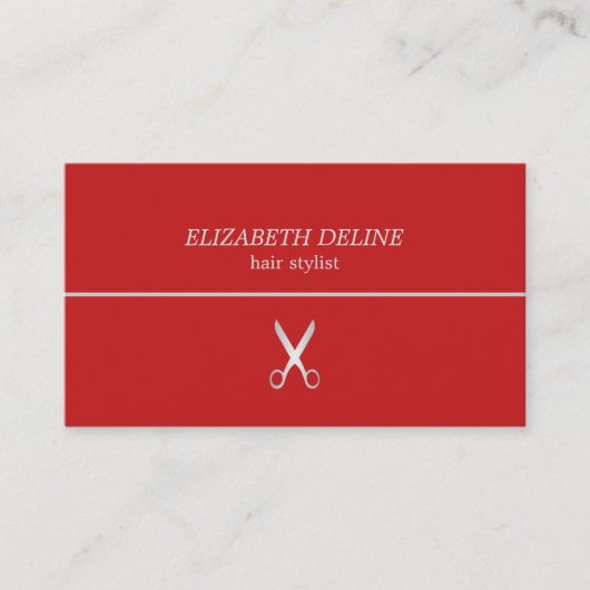 ミニマリスト赤シルバーラインシザーヘアスタイリスト 名刺 (正面)