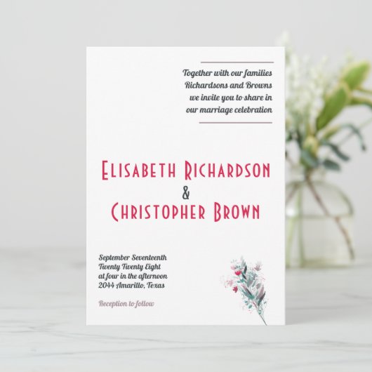 ミニマリスト赤フローラ結婚式招待状カード 招待状 (スタンド正面)