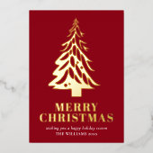 ミニマリスト赤金ゴールドツリーメリークリスマス 箔シーズンカード (正面)