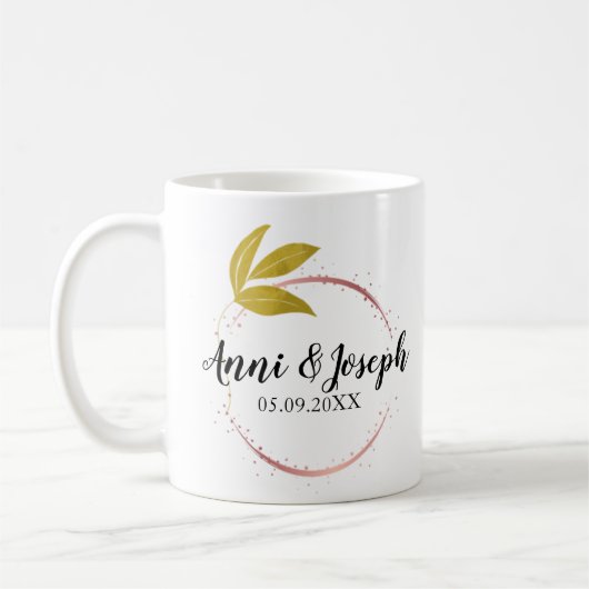 ミニマリスト追加カップル名日付バラピンク結婚ズ コーヒーマグカップ (左)