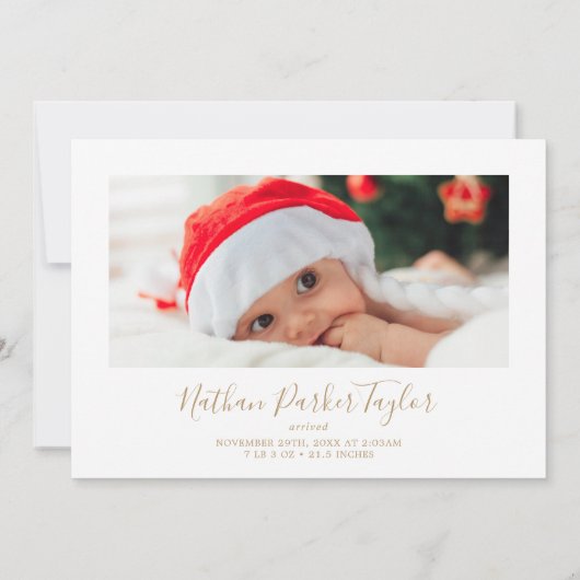 ミニマリスト金ゴールドリメリートルクリスマスベビー誕生 シーズンカード (裏面)