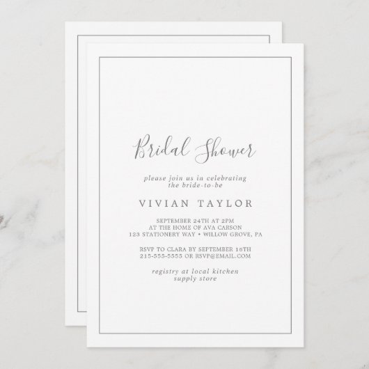ミニマリスト銀書道ブライダルシャワー 招待状 (正面/裏面)