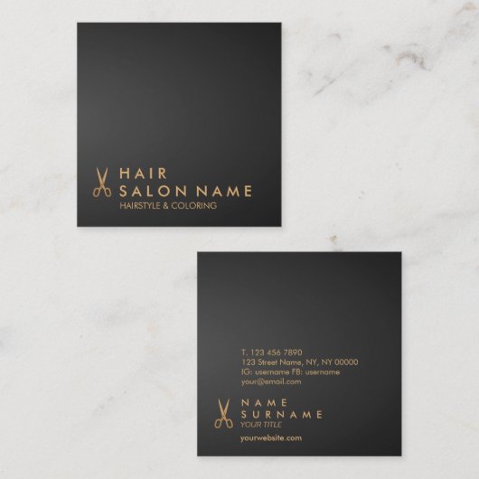 ミニマリスト鋏美容師黒グラデーション スクエア名刺 (正面/裏面)