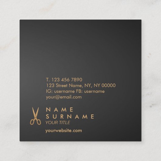 ミニマリスト鋏美容師黒グラデーション スクエア名刺 (裏面)