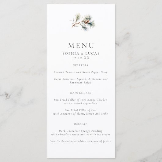 ミニマリスト離れパインズ&パインコーン冬の結婚式 メニュー (正面)