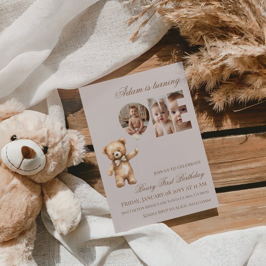 ミニマリスト風写真クマの1歳の誕生日 招待状