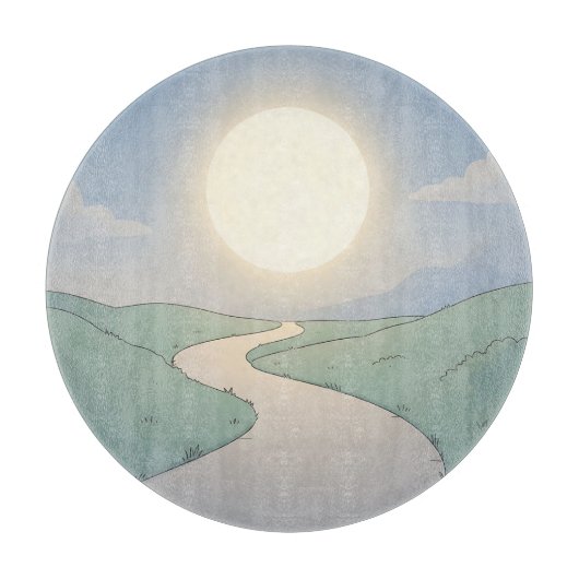ミニマリスト風景アート 曲がりくねった道と夕日 カッティングボード (正面)