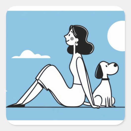 ミニマリスト風 女性と犬のイラスト スクエアシール (正面)