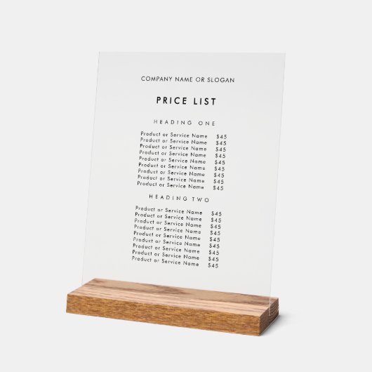 ミニマリスト黒ビジネス名価格表 アクリルサイン (傾斜)