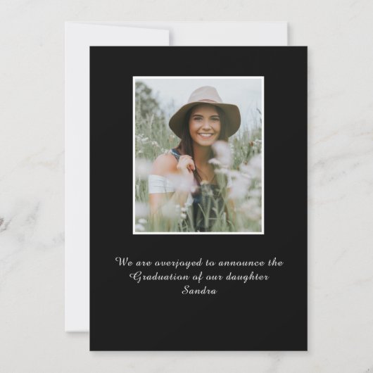 ミニマリスト黒フレーム白スクリプト卒業An 案内状 (裏面)