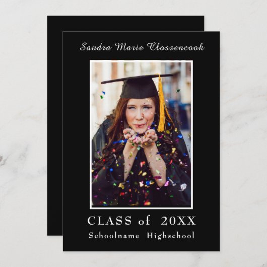 ミニマリスト黒フレーム白スクリプト卒業An 案内状 (正面/裏面)