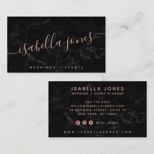 ミニマリスト黒大理石バラ金ゴールド署名スクリプト 名刺 (正面/裏面)