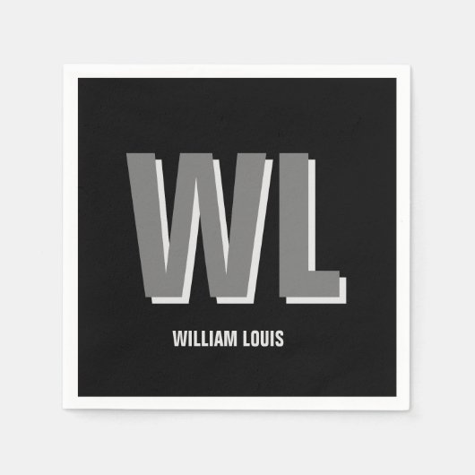 ミニマリスト黒灰色モノグラパーソナライズされたム スタンダードカクテルナプキン (正面)