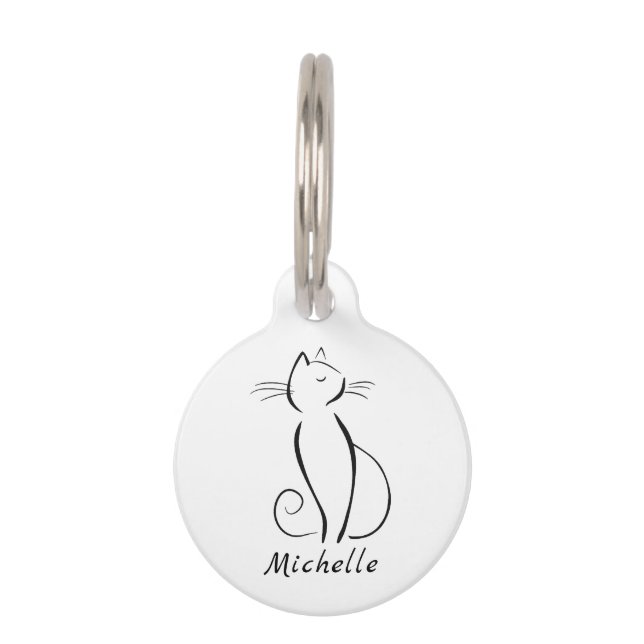 ミニマリスト黒猫オンホワイトアドネームペット用名札 ペット　ネームタグ (正面)
