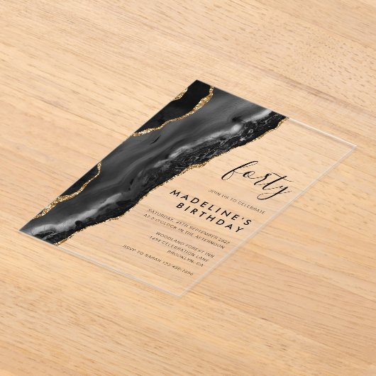 ミニマリスト黒金ゴールドゲートGeode 40th誕生日 アクリル招待状 (レイダウン)