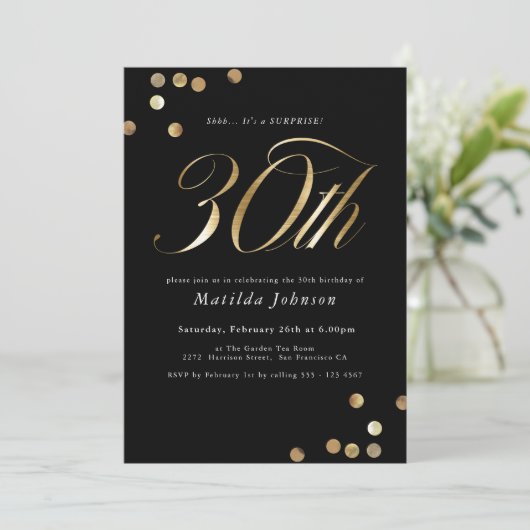 ミニマリスト黒金ゴールドサプライズ30th誕生日パーティー 招待状 (スタンド正面)