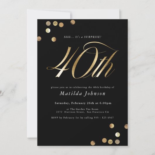 ミニマリスト黒金ゴールドサプライズ40th誕生日パーティー 招待状 (正面)