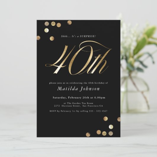 ミニマリスト黒金ゴールドサプライズ40th誕生日パーティー 招待状 (スタンド正面)