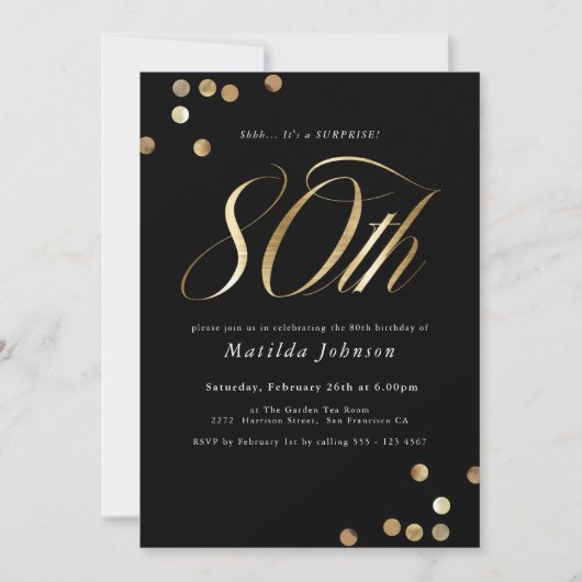 ミニマリスト黒金ゴールドサプライズ80th誕生日パーティー 招待状 (正面)