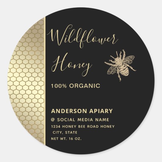 ミニマリスト黒金ゴールドハチミツバチミツバチ ラウンドシール (正面)