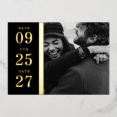 ミニマリスト黒金ゴールド写真結婚式の日付を保存 箔招待状 (正面)