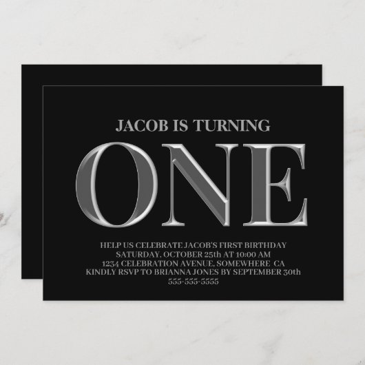 ミニマリスト黒銀の第1誕生日パーティー 招待状 (正面/裏面)