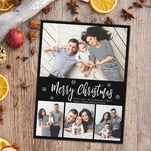 ミニマリスト黒4フォトコラージスクリプトクリスマス ポストカード