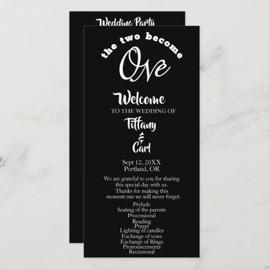 ミニマリスト2人が1つのブラック結婚式 プログラム (正面/裏面)